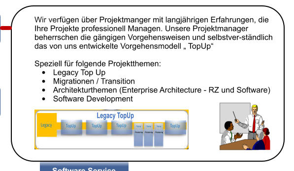 Wir verfgen ber Projektmanger mit langjhrigen Erfahrungen, die Ihre Projekte professionell Managen. Unsere Projektmanager beherrschen die gngigen Vorgehensweisen und selbstver-stndlich das von uns entwickelte Vorgehensmodell  TopUp  Speziell fr folgende Projektthemen: 	Legacy Top Up 	Migrationen / Transition 	Architekturthemen (Enterprise Architecture - RZ und Software) 	Software Development