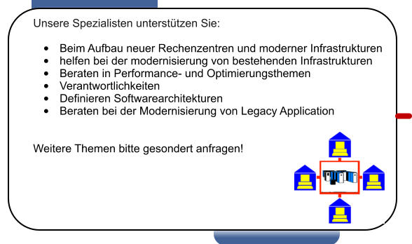 Unsere Spezialisten untersttzen Sie:  	Beim Aufbau neuer Rechenzentren und moderner Infrastrukturen 	helfen bei der modernisierung von bestehenden Infrastrukturen 	Beraten in Performance- und Optimierungsthemen 	Verantwortlichkeiten 	Definieren Softwarearchitekturen 	Beraten bei der Modernisierung von Legacy Application   Weitere Themen bitte gesondert anfragen!